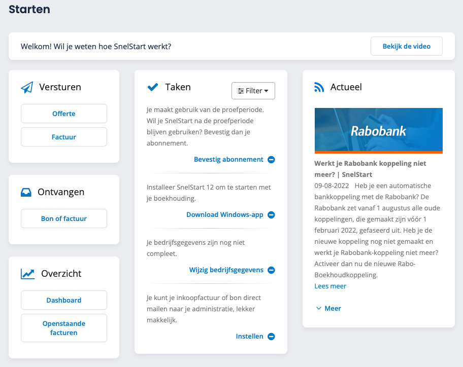 SnelStart startscherm met opties voor offertes, facturen, bonnen ontvangen, takenbeheer, en actueel nieuws voor eenvoudig financieel beheer.