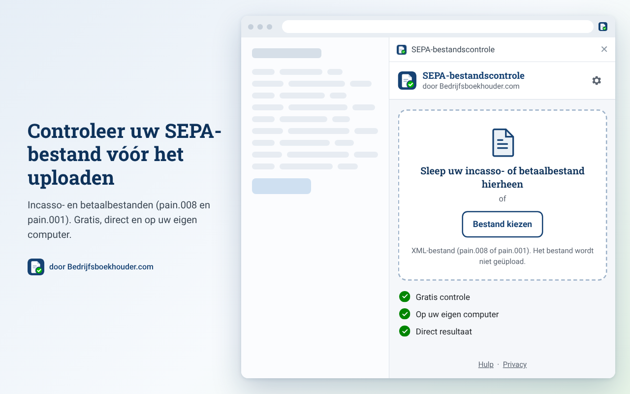 De extensie SEPA-bestandscontrole met het vak om een bestand in te slepen