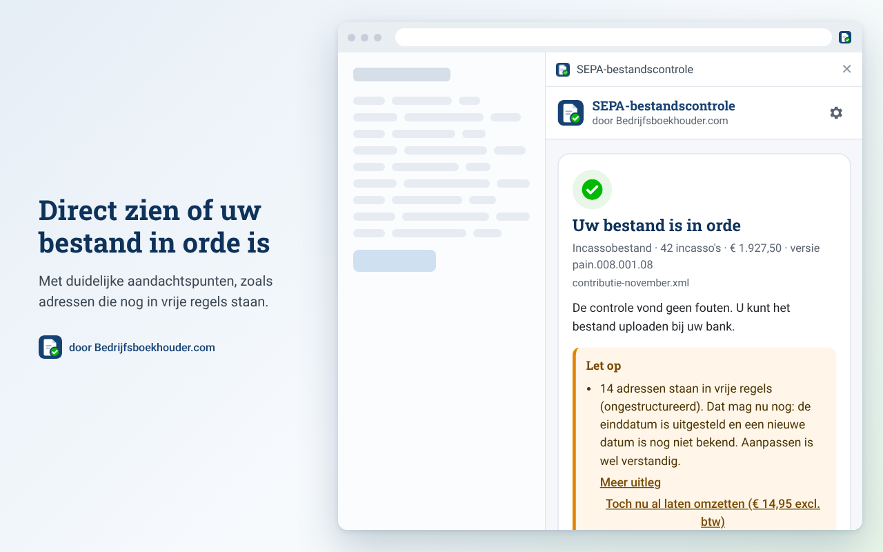 SEPA-bestandscontrole: groen resultaat met een aandachtspunt over adressen in vrije regels