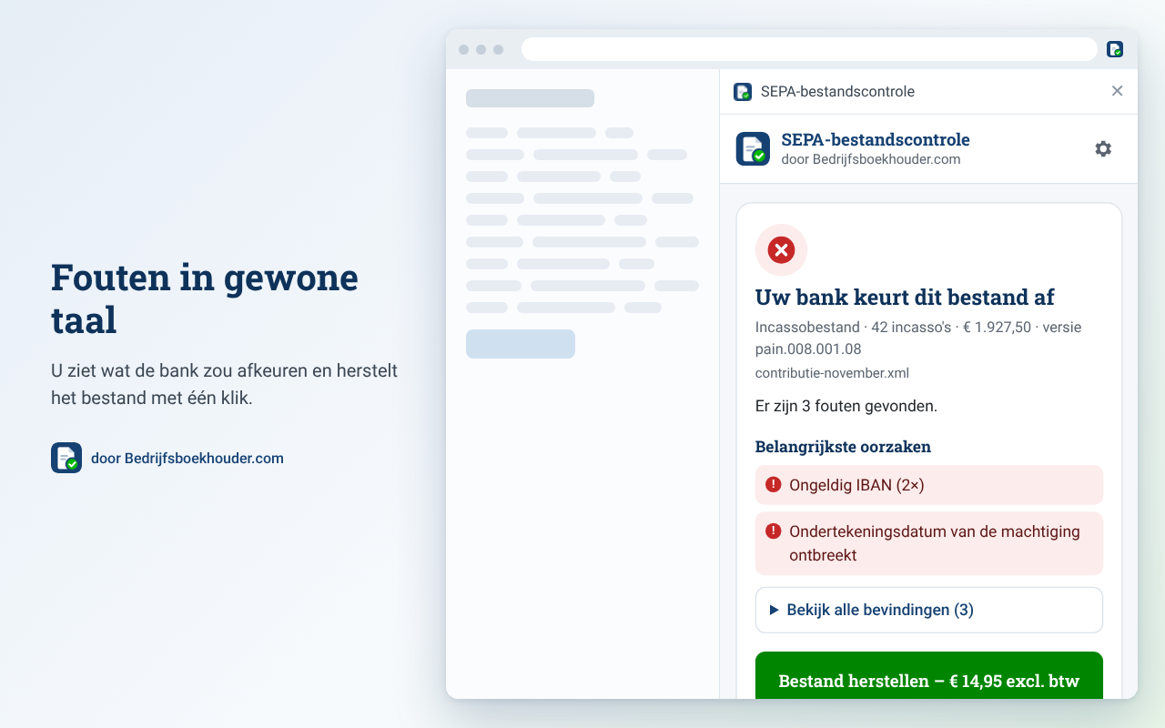 SEPA-bestandscontrole: rood resultaat met de belangrijkste oorzaken en een knop om het bestand te herstellen