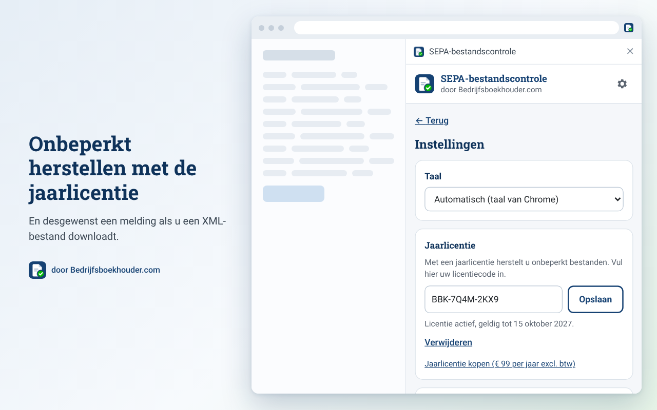 Instellingen van SEPA-bestandscontrole met de jaarlicentie
