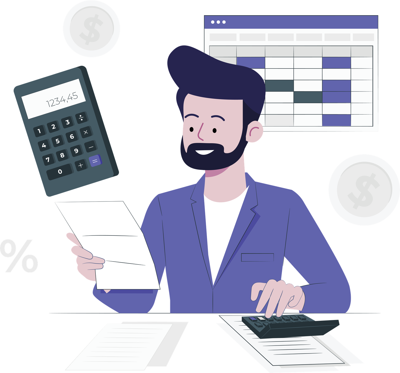 Illustratie van een boekhouder met een rekenmachine en documenten, symboliserend boekhoudkundige diensten voor ondernemers.